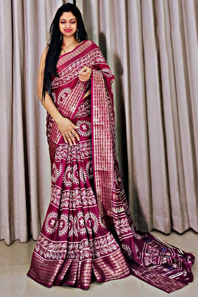 Woody Wine Printed Dola Silk Saree