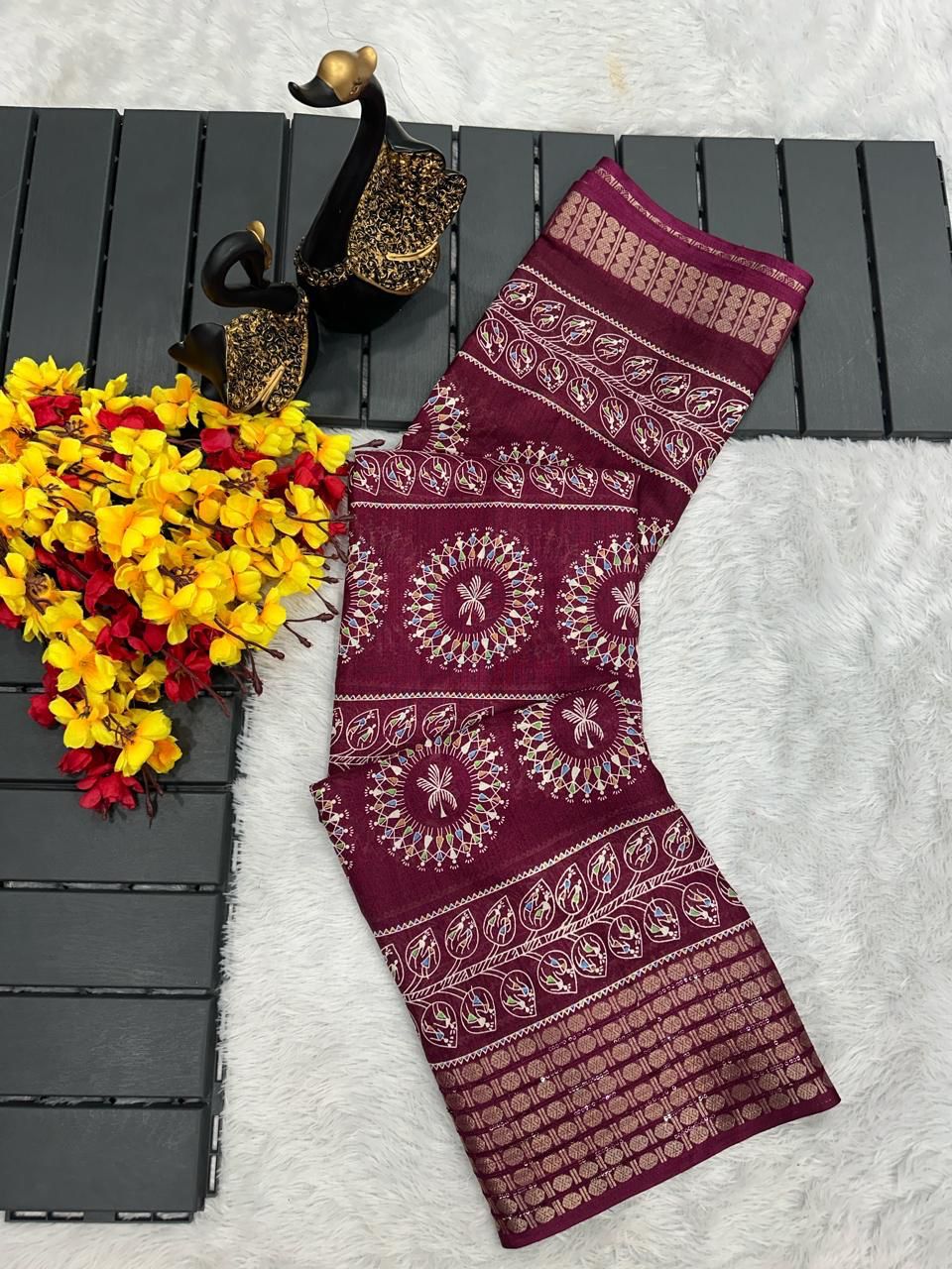 Woody Wine Printed Dola Silk Saree