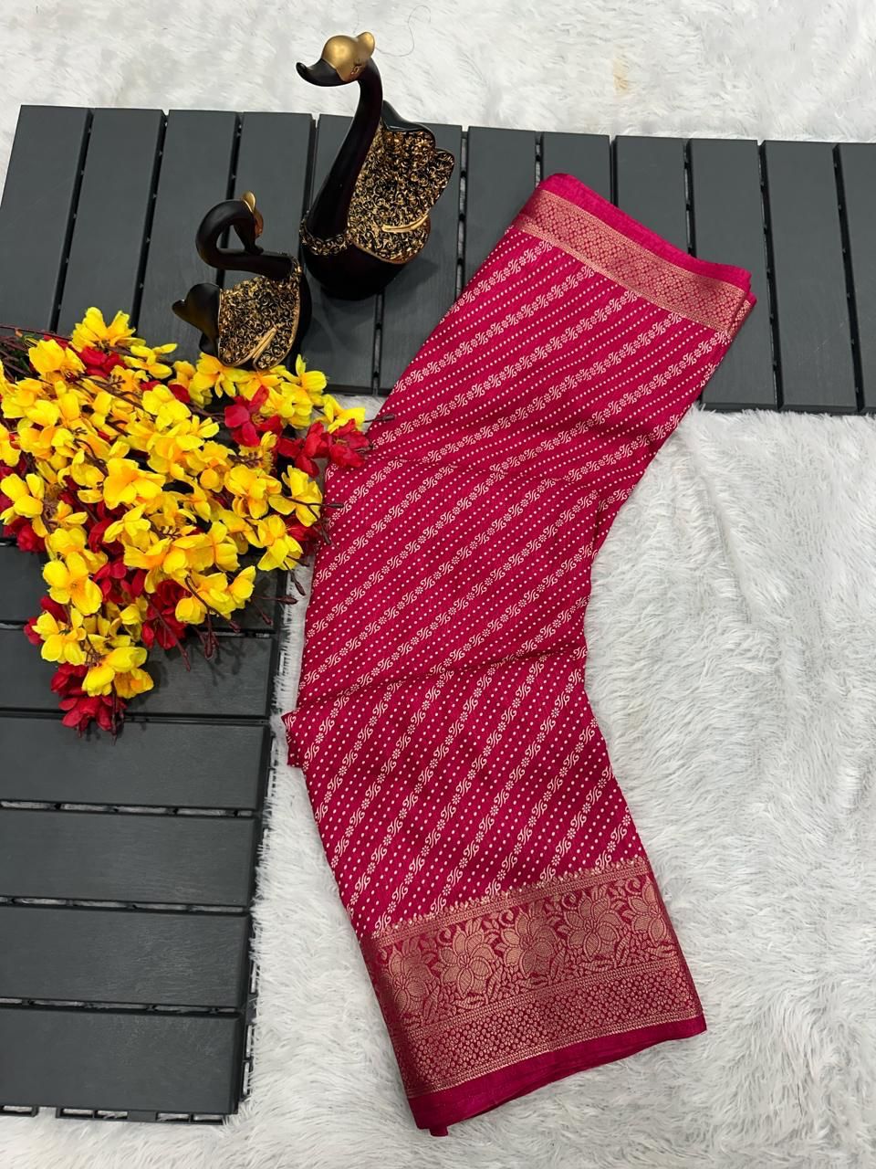 Cherry Pink Printed Dola Silk Saree