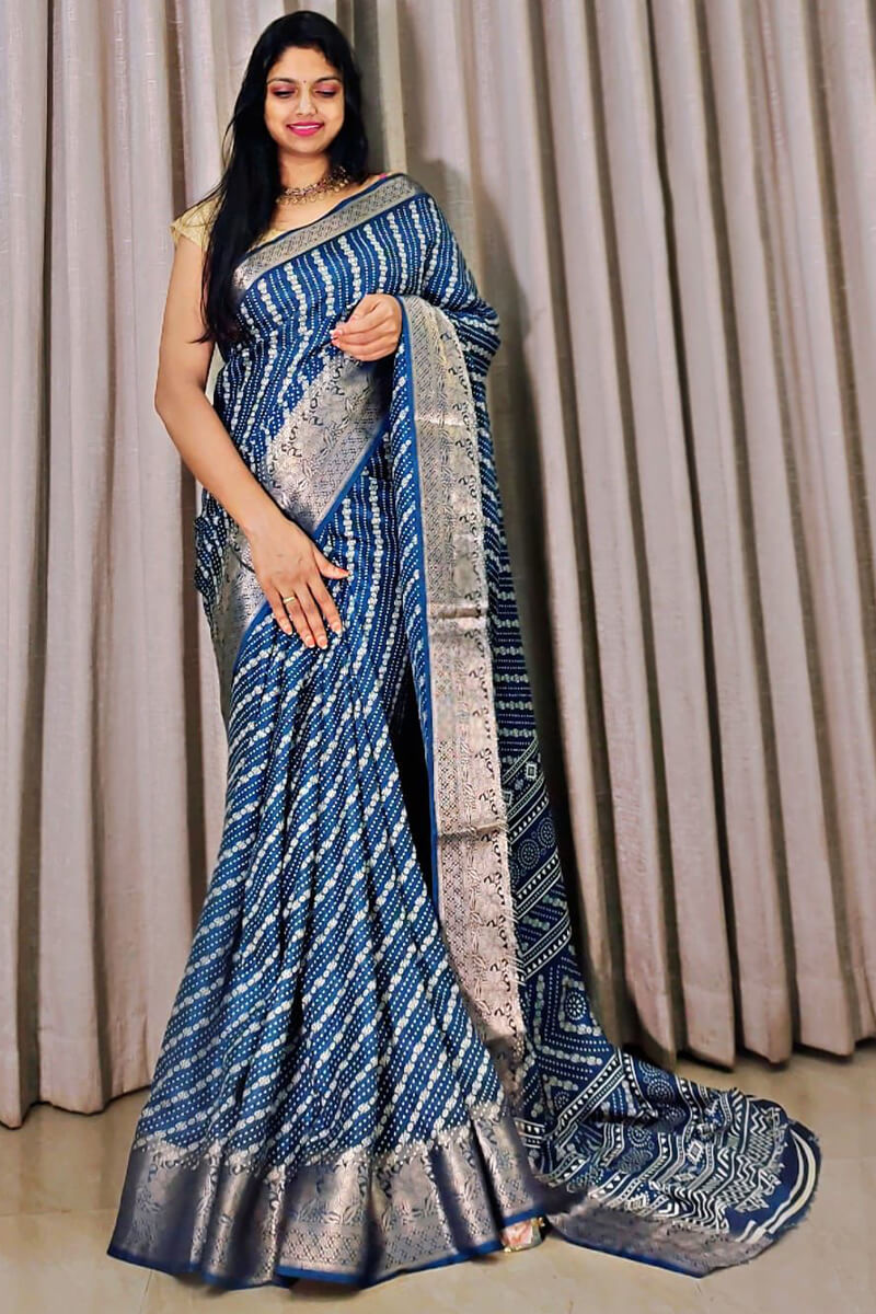 Nile Blue Printed Dola Silk Saree