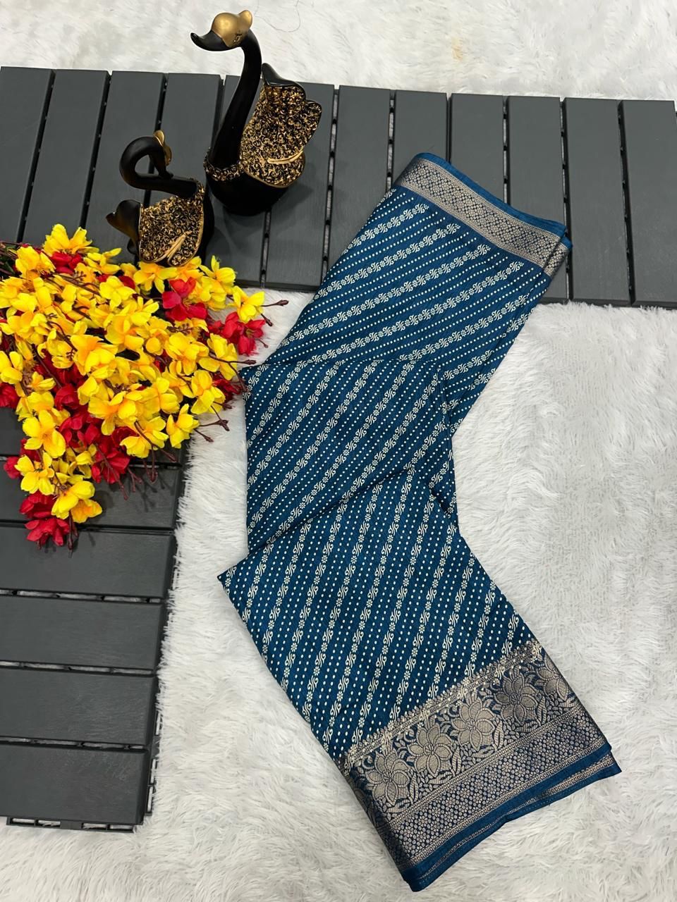 Nile Blue Printed Dola Silk Saree