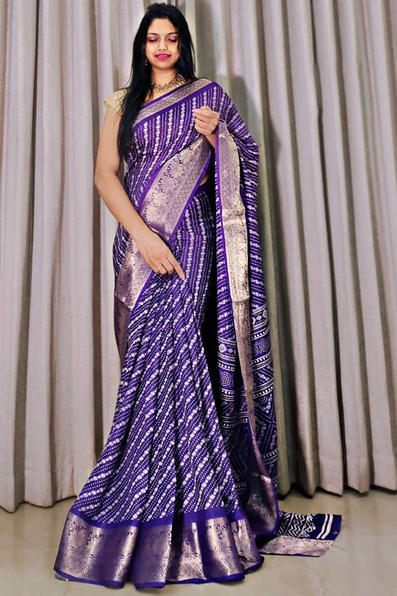 Meteorite Blue Printed Dola Silk Saree