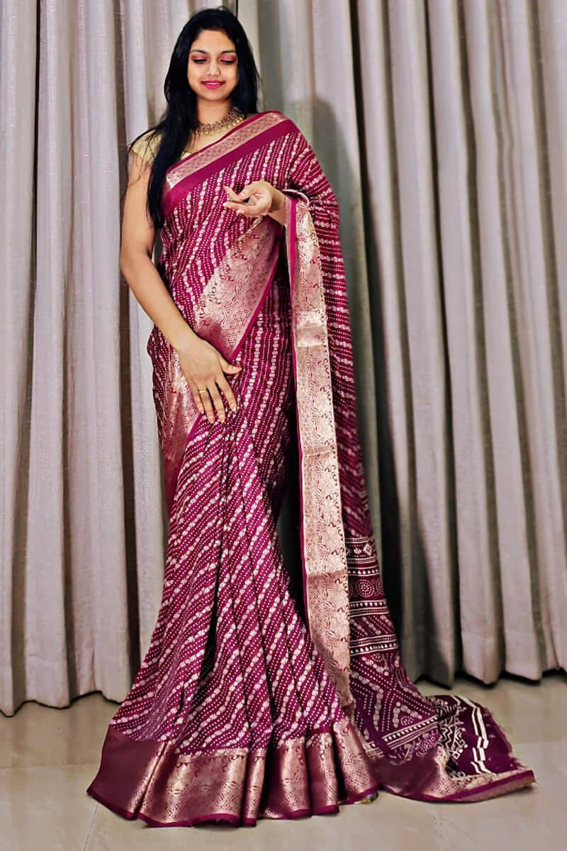 Berry Wine Printed Dola Silk Saree