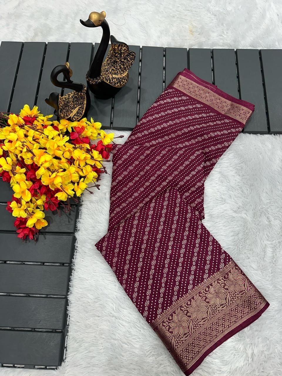 Berry Wine Printed Dola Silk Saree