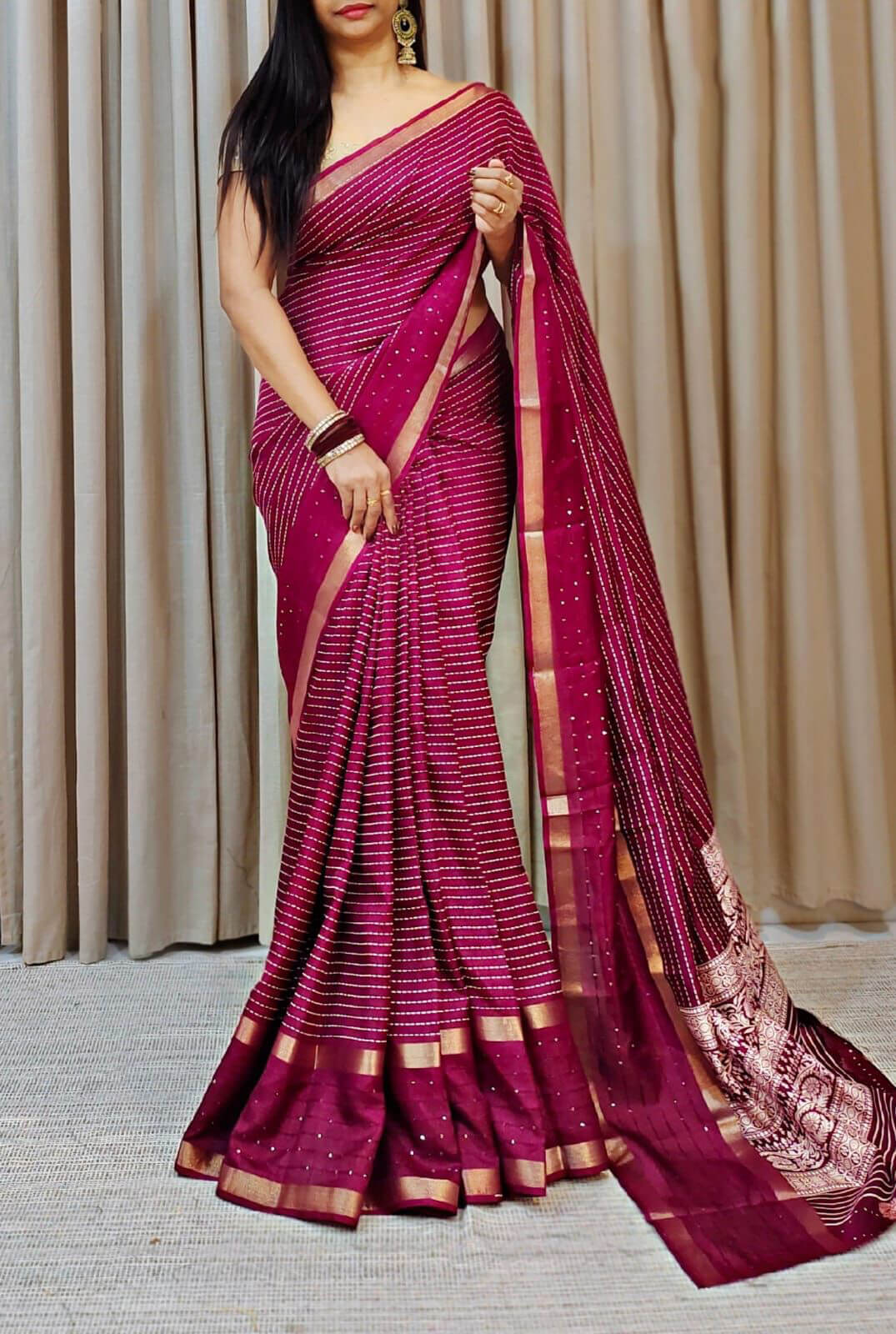 Dark Maroon Printed Dola Silk Saree