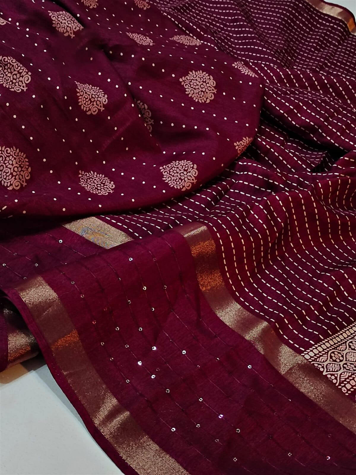 Dark Maroon Printed Dola Silk Saree