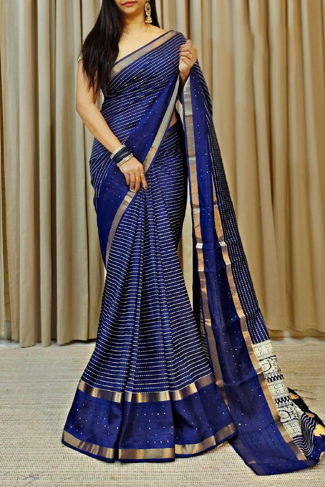 Onyx Blue Printed Dola Silk Saree