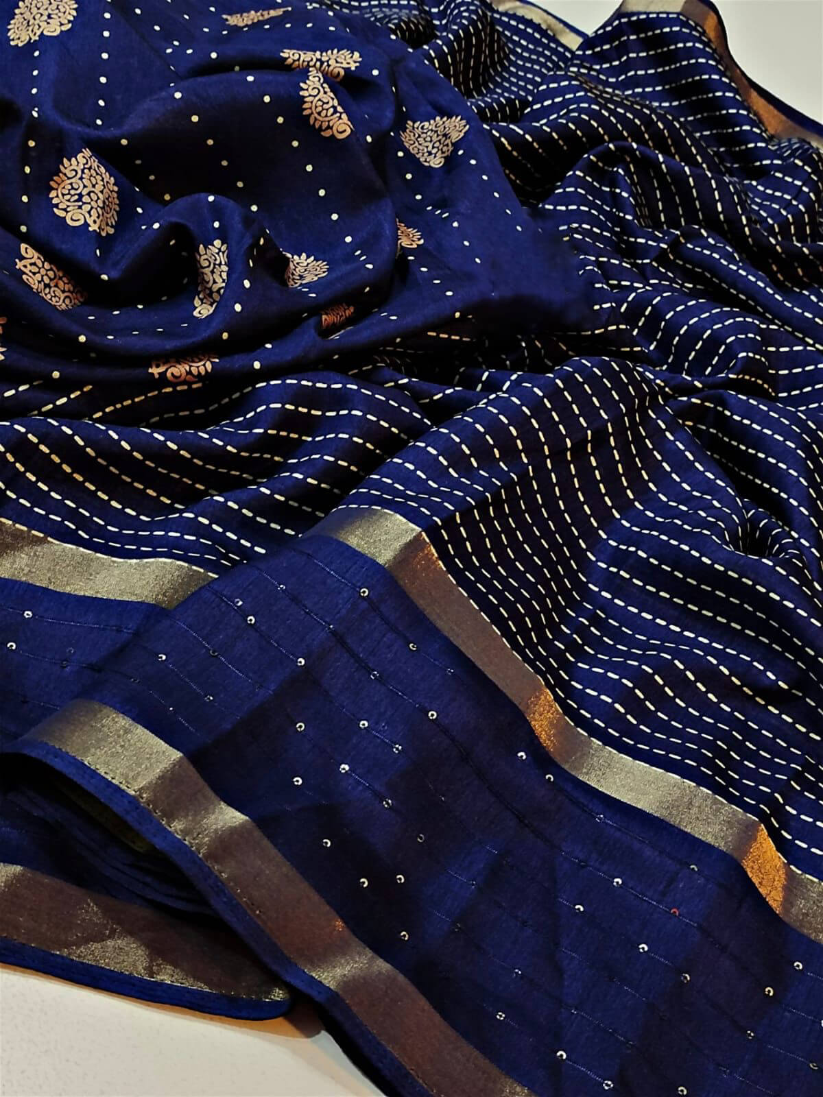 Onyx Blue Printed Dola Silk Saree