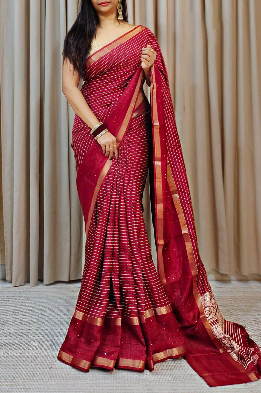 Wine Red Printed Dola Silk Saree