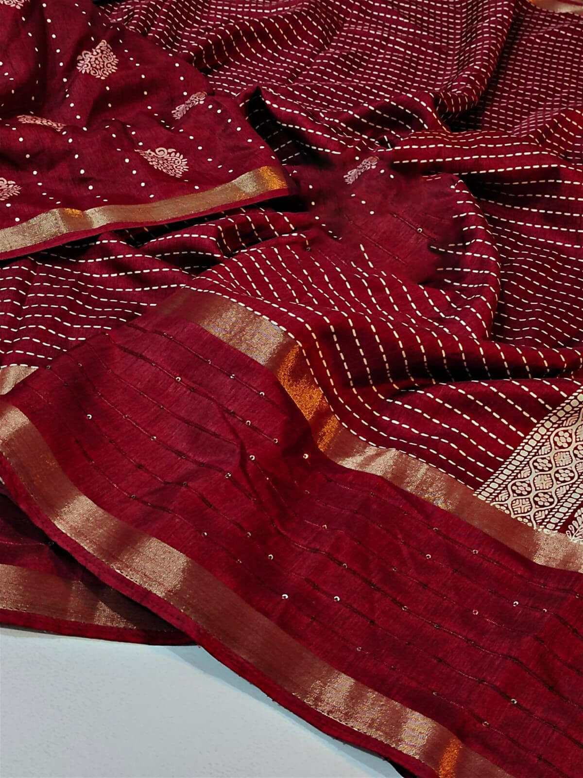 Wine Red Printed Dola Silk Saree