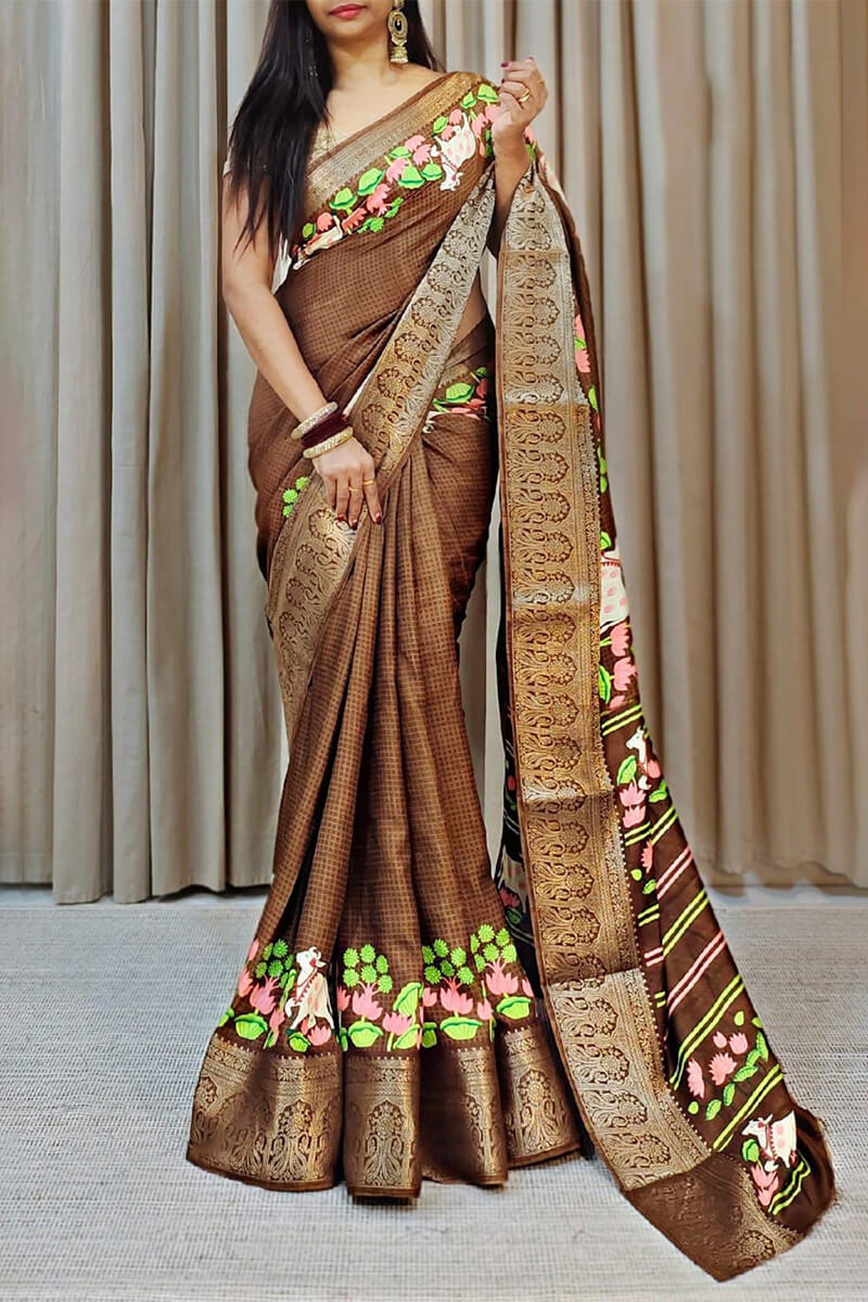 Pale Brown Printed Dola Silk Saree