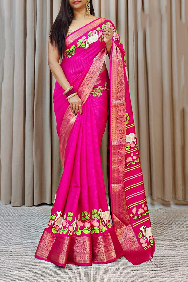 Dark Hot Pink Printed Dola Silk Saree