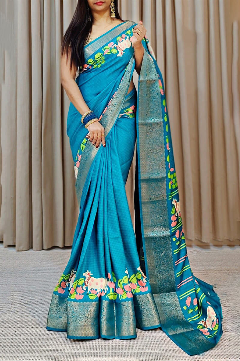 Pacific Blue Printed Dola Silk Saree