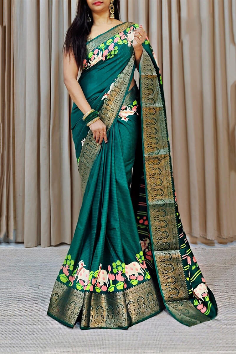 Teal Green Printed Dola Silk Saree