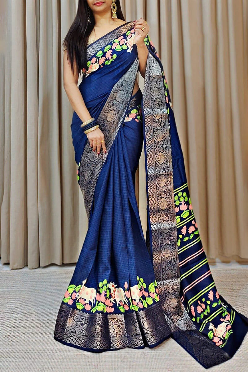 Catalina Blue Printed Dola Silk Saree