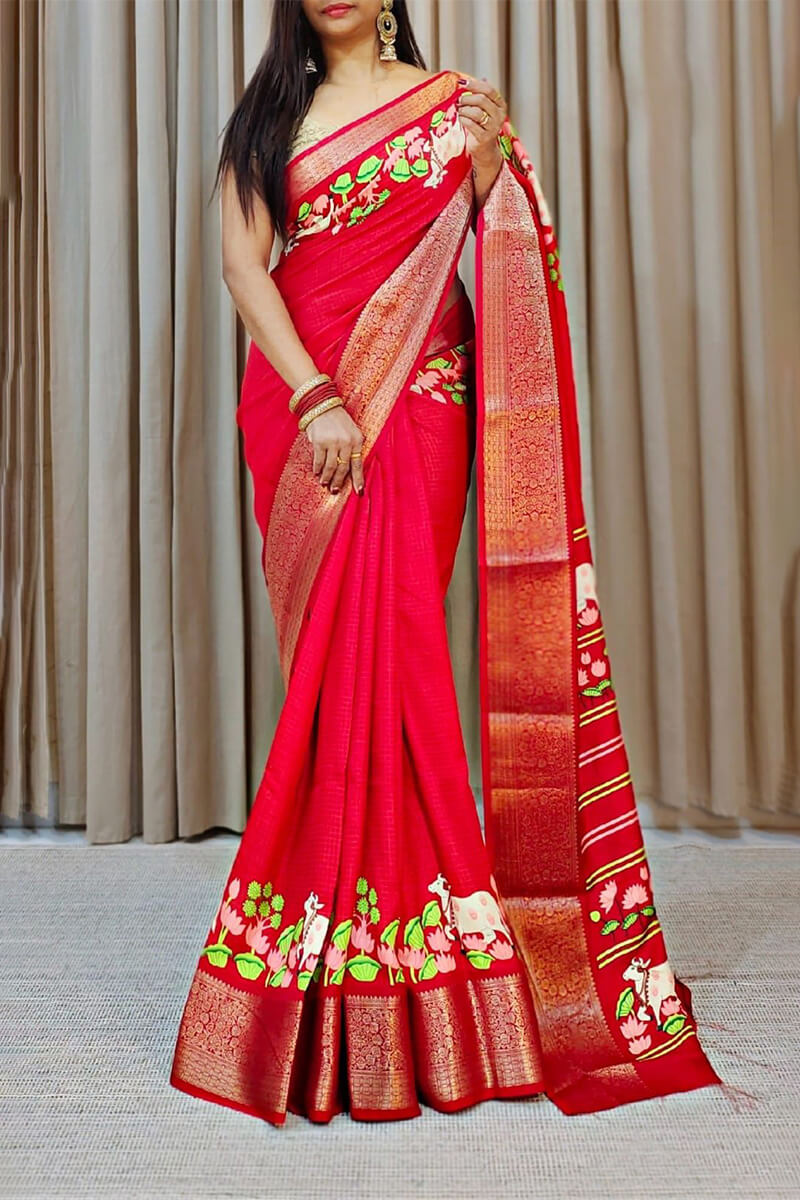 Cadmium Red Printed Dola Silk Saree