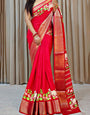 Cadmium Red Printed Dola Silk Saree