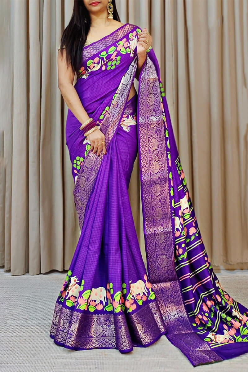 Jam Purple Printed Dola Silk Saree