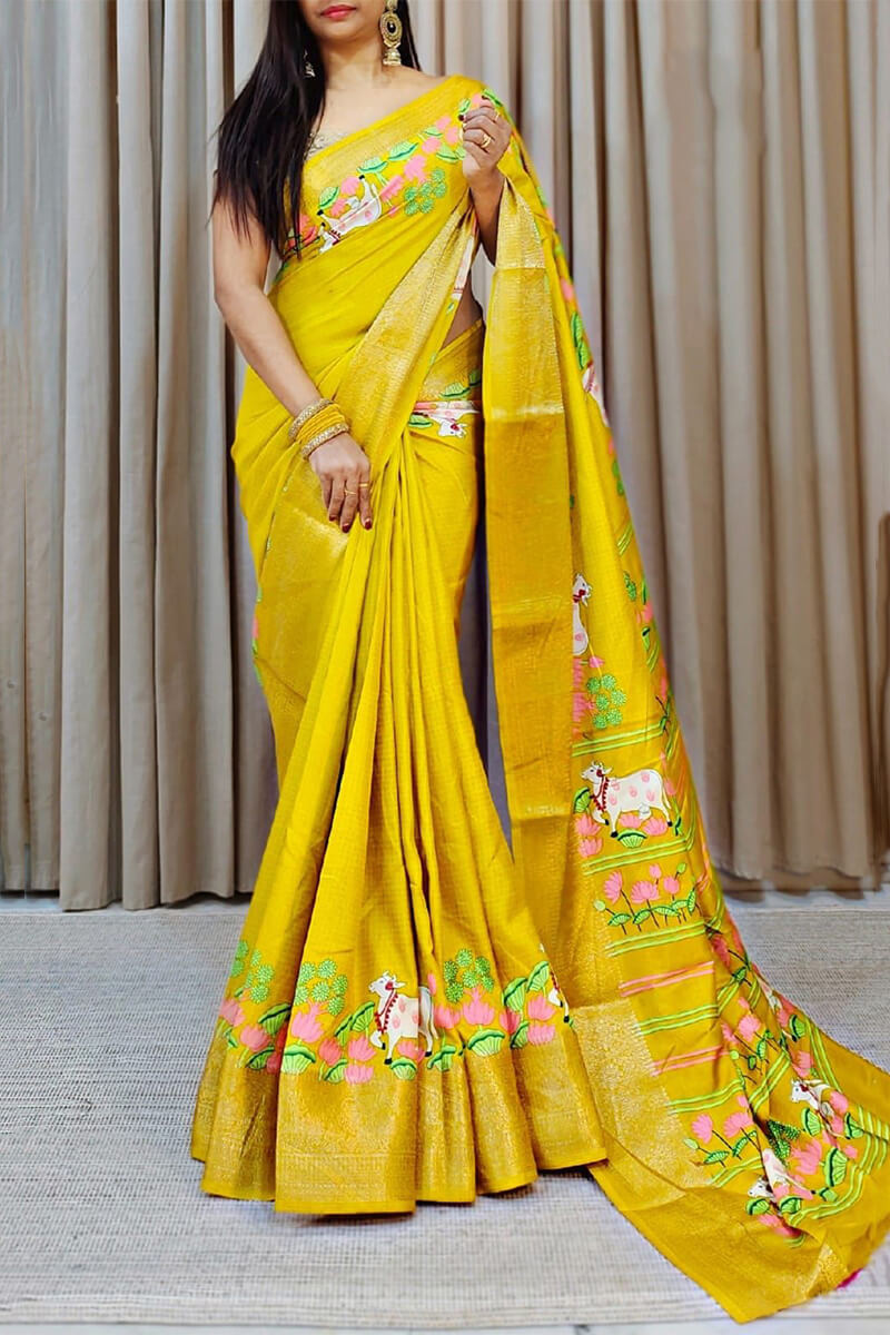 Corn Yellow Printed Dola Silk Saree