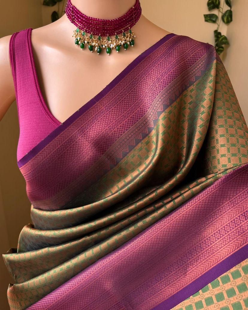 Fantabulous Mehndi Soft Silk Saree With Ethereal Blouse Piece
