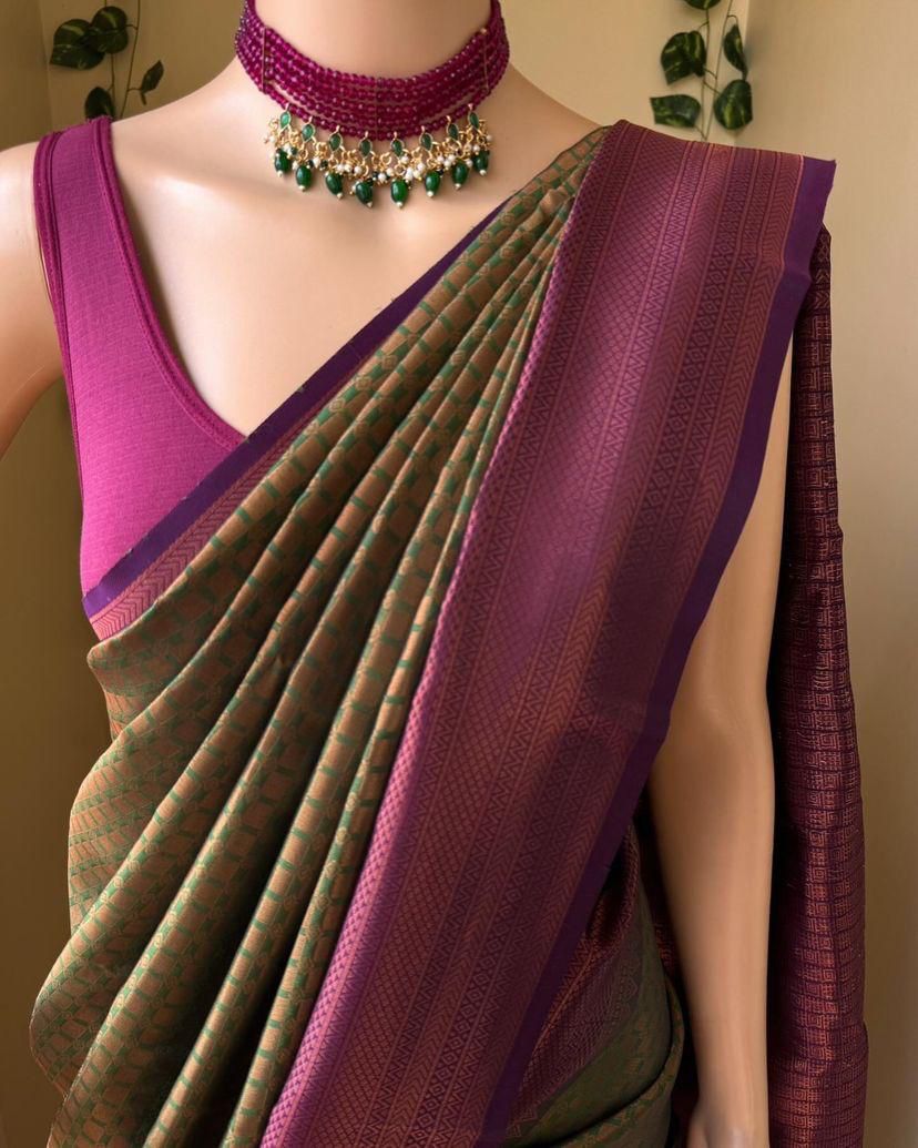 Fantabulous Mehndi Soft Silk Saree With Ethereal Blouse Piece