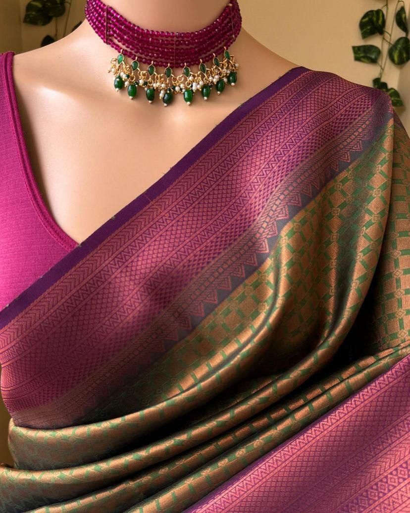 Fantabulous Mehndi Soft Silk Saree With Ethereal Blouse Piece
