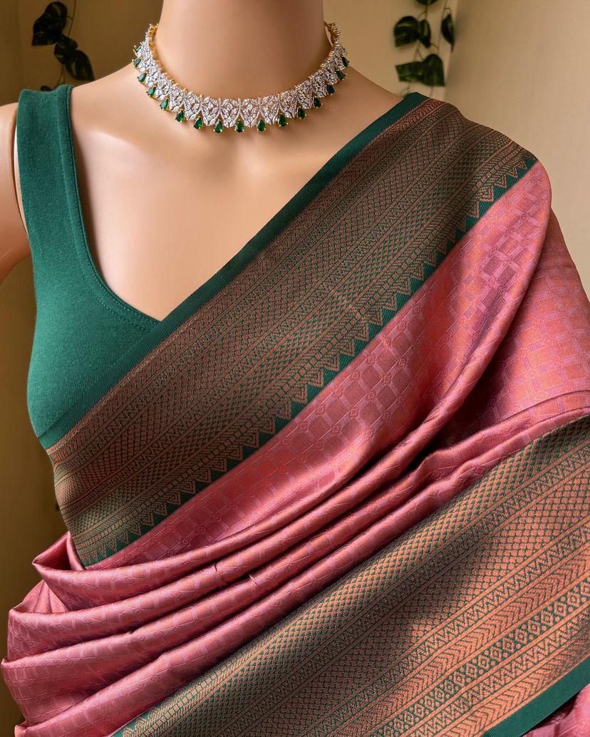 Snappy Pink Soft Silk Saree With Scrupulous Blouse Piece