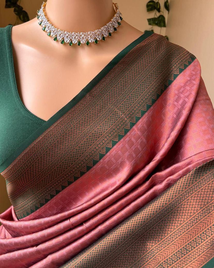 Snappy Pink Soft Silk Saree With Scrupulous Blouse Piece
