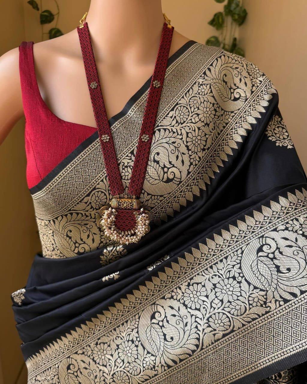 Rhapsody Black Soft Silk Saree With Ineffable Blouse Piece