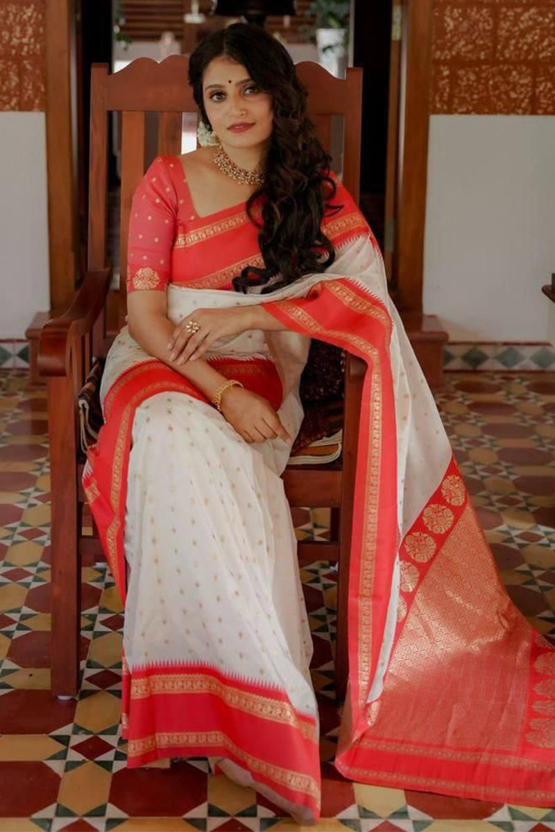 Splendorous Off White Soft Silk Saree With Inimitable Blouse Piece