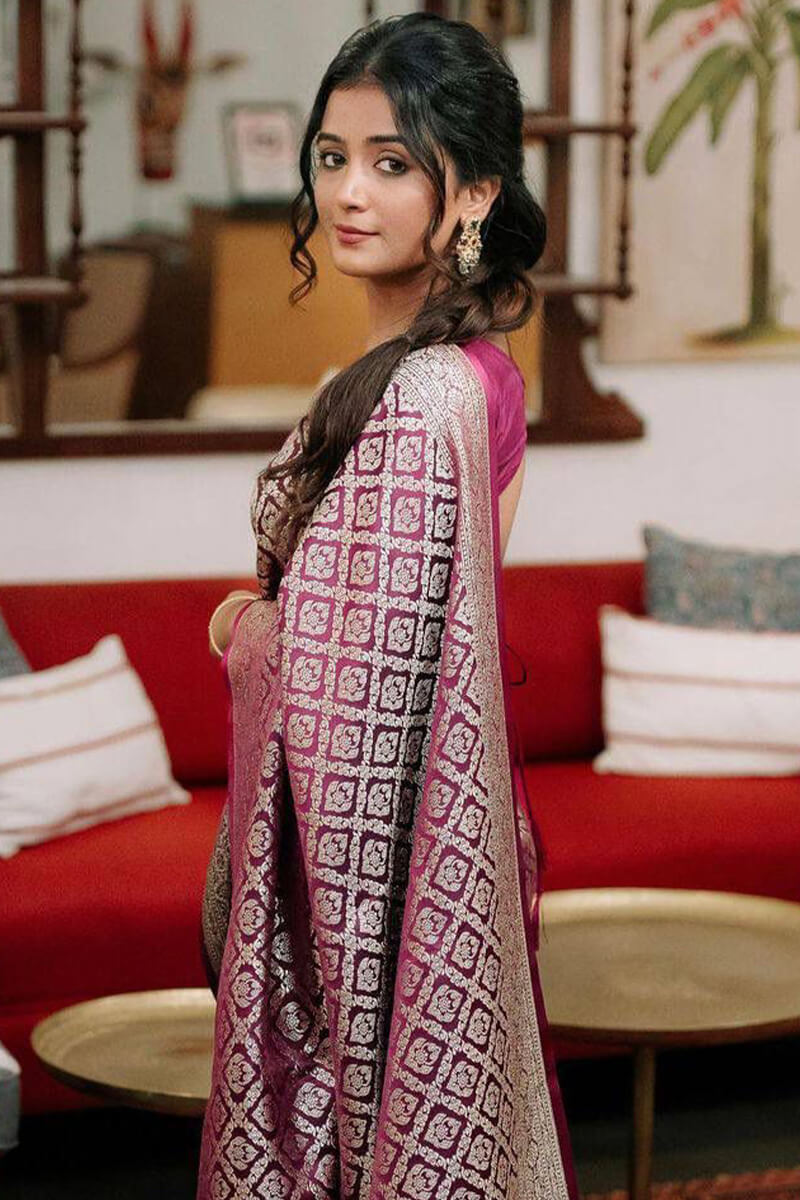 Splendiferous Wine Soft Silk Saree With Charismatic Blouse Piece