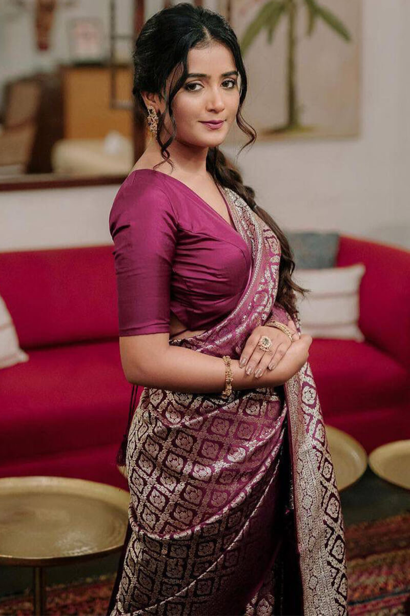 Splendiferous Wine Soft Silk Saree With Charismatic Blouse Piece