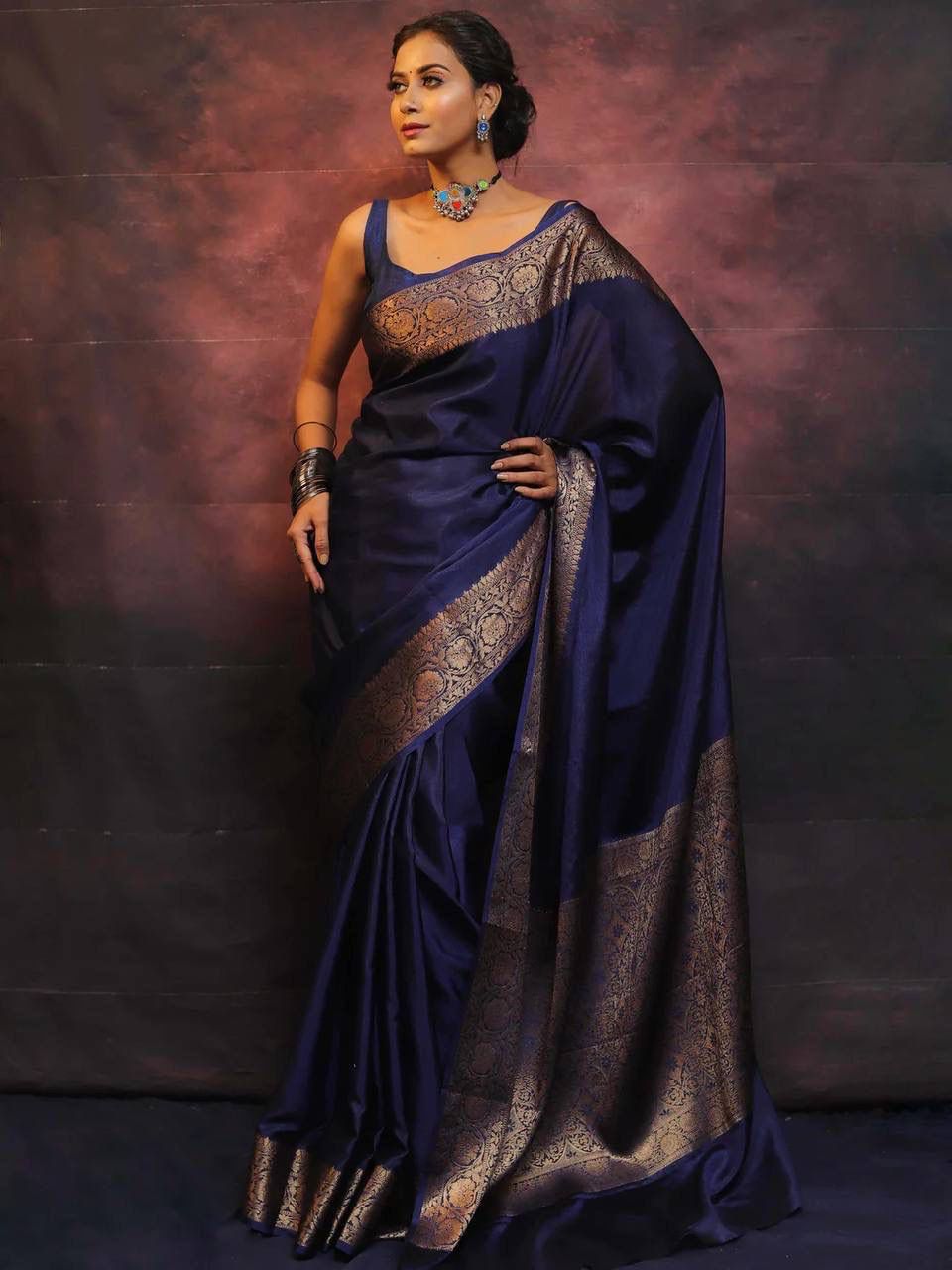 Staggering Navy Blue Soft Silk Saree With Epiphany Blouse Piece