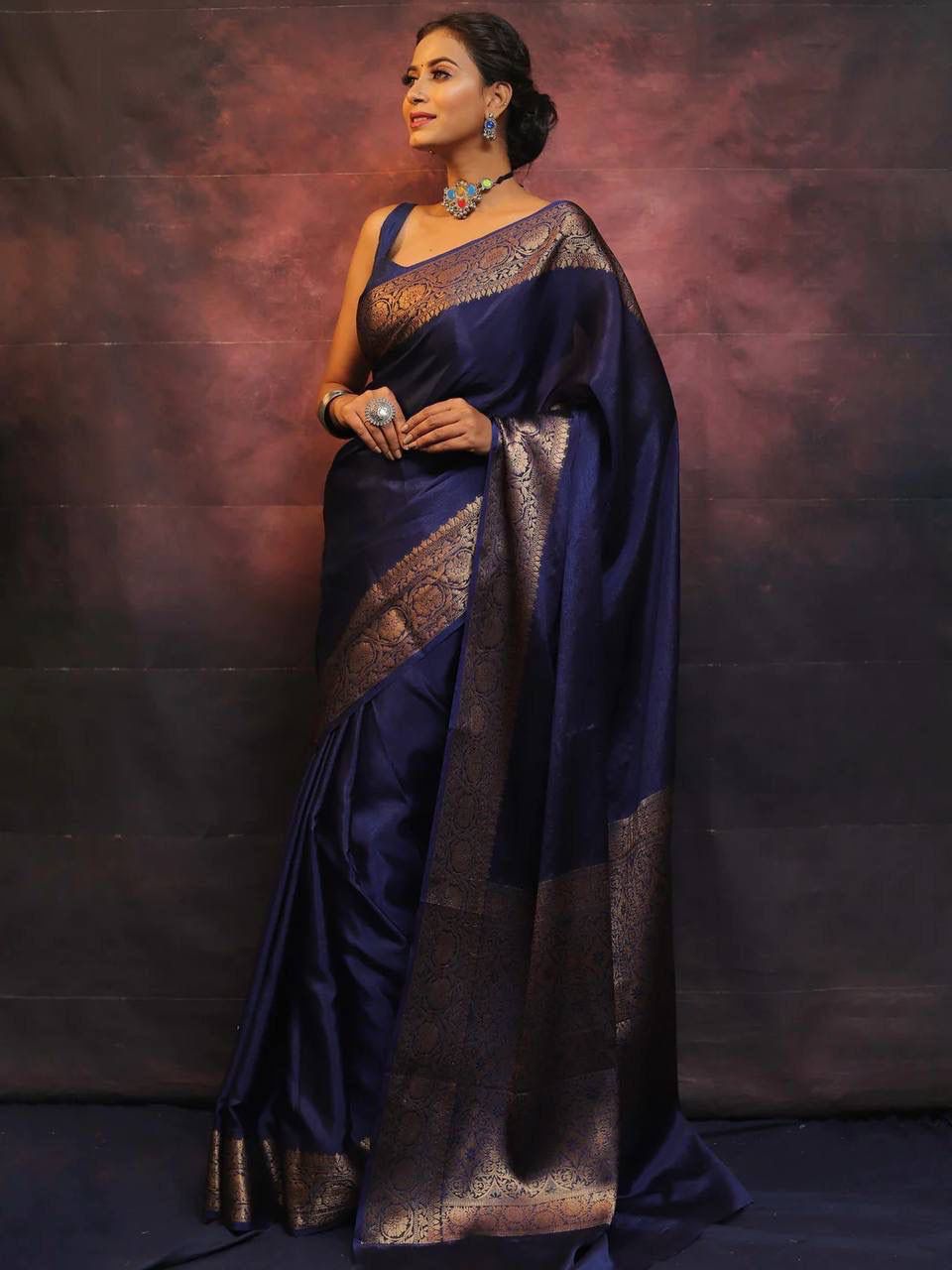 Staggering Navy Blue Soft Silk Saree With Epiphany Blouse Piece
