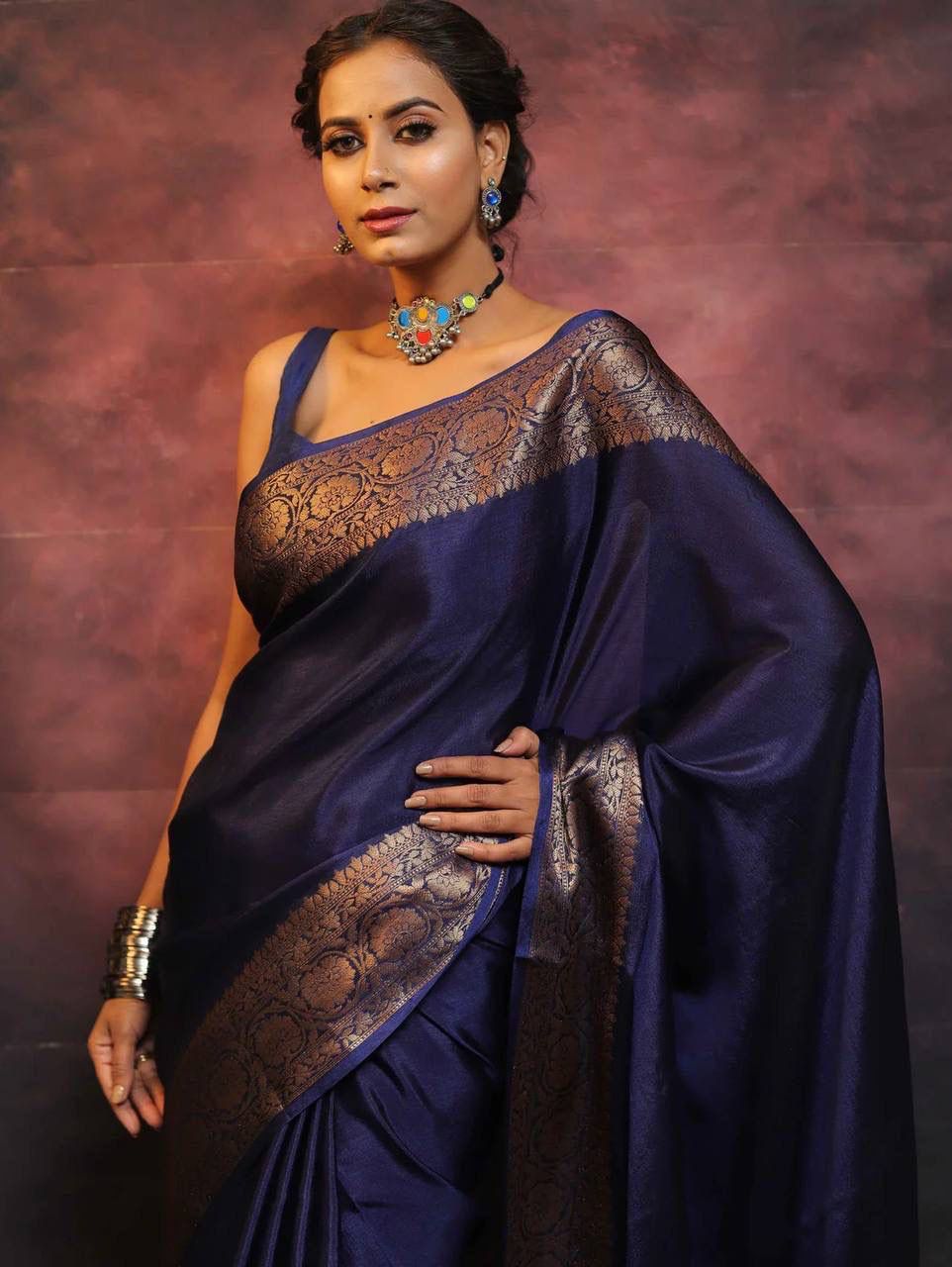 Staggering Navy Blue Soft Silk Saree With Epiphany Blouse Piece