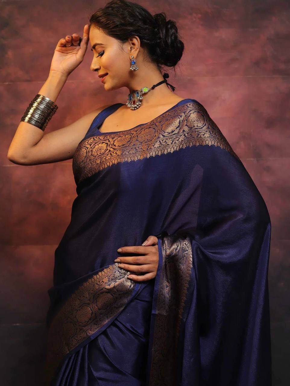 Staggering Navy Blue Soft Silk Saree With Epiphany Blouse Piece