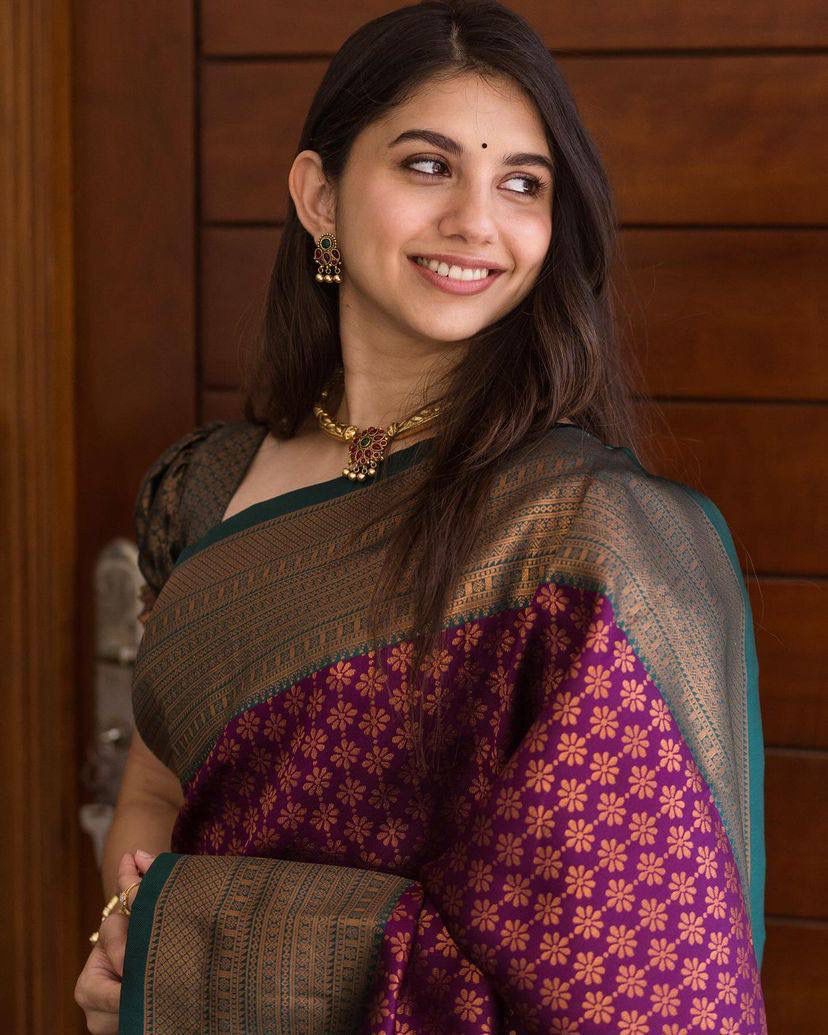 Lassitude Purple Soft Silk Saree With Snappy Blouse Piece