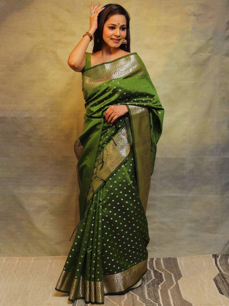 Assemblage Mehndi Soft Silk Saree With Inspiring Blouse Piece