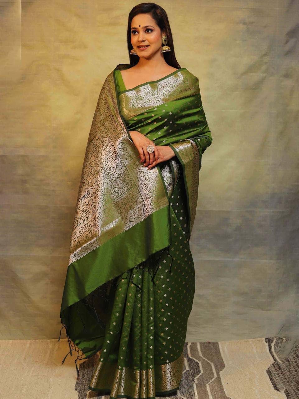 Assemblage Mehndi Soft Silk Saree With Inspiring Blouse Piece