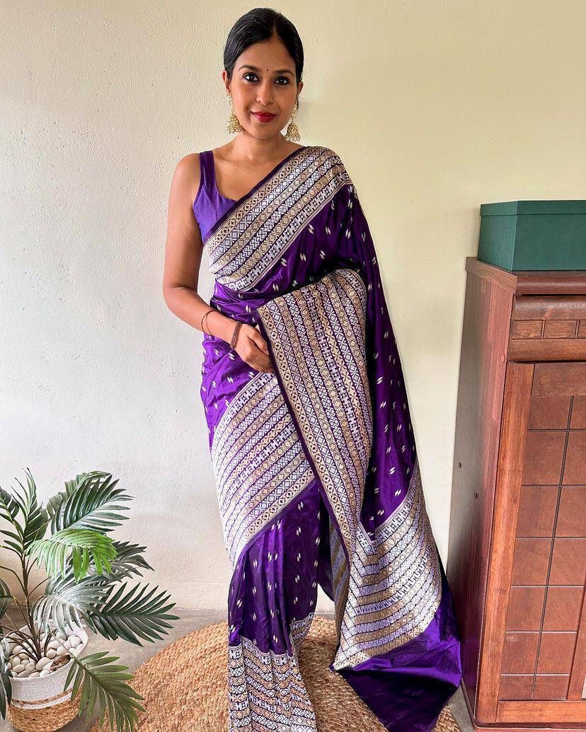 Energetic Purple Soft Silk Saree With Girlish Blouse Piece