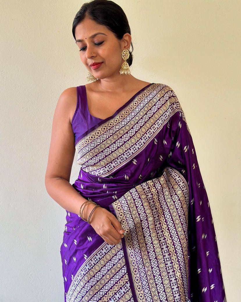 Energetic Purple Soft Silk Saree With Girlish Blouse Piece