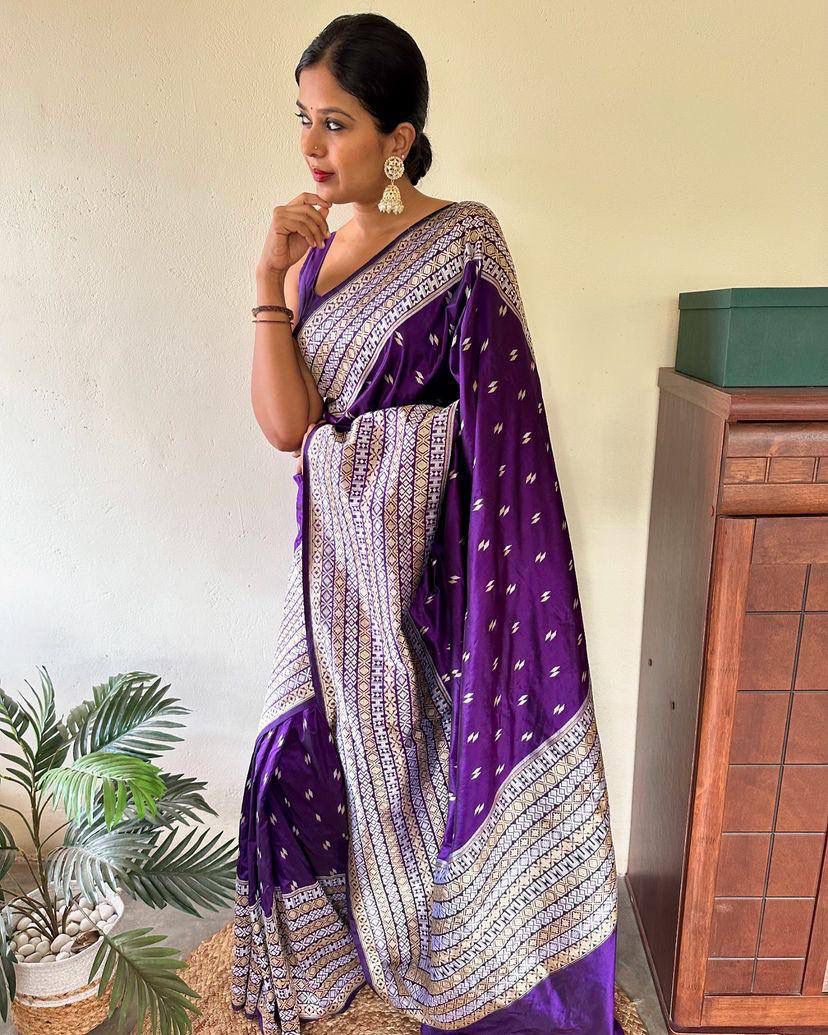 Energetic Purple Soft Silk Saree With Girlish Blouse Piece