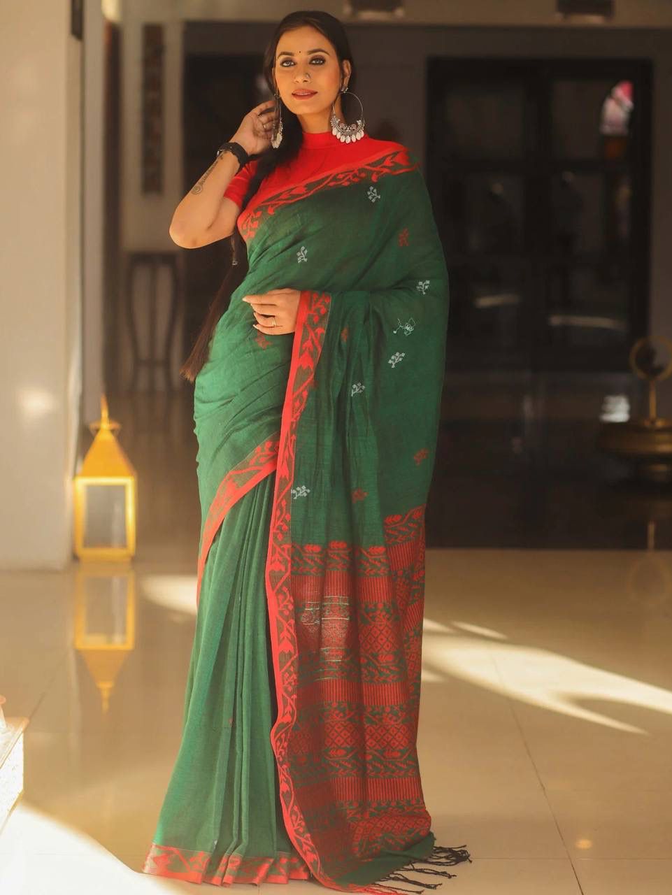 Lunar Green Maheshawari Cotton Silk Saree