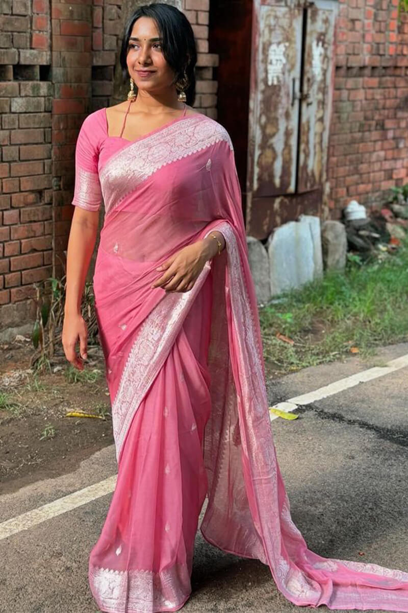 Rose Pink Maheshawari Cotton Silk Saree