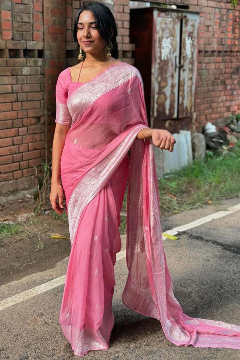 Rose Pink Maheshawari Cotton Silk Saree