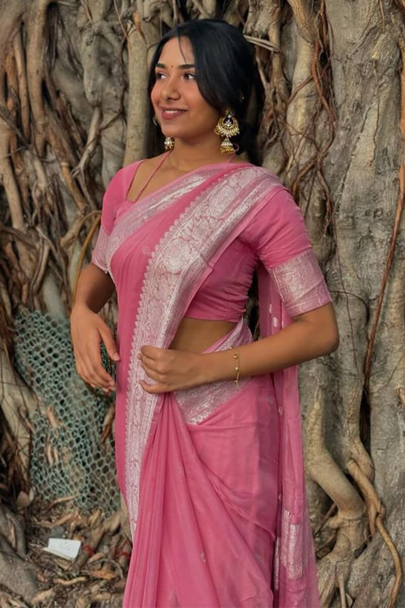 Rose Pink Maheshawari Cotton Silk Saree