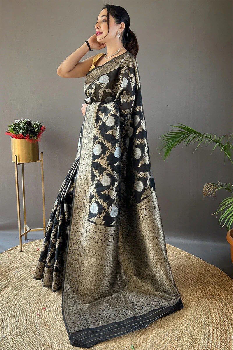 Ailurophile Black Cotton Silk Saree With Dalliance Blouse Piece