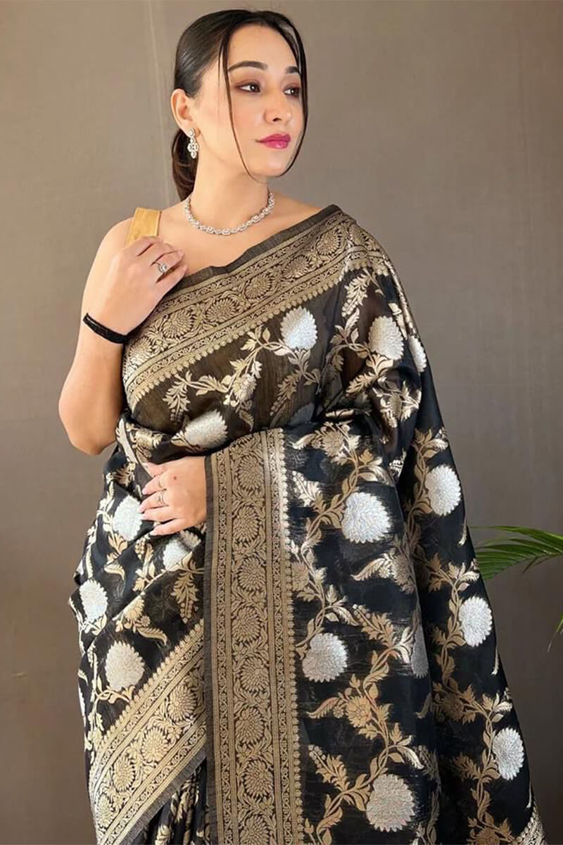 Ailurophile Black Cotton Silk Saree With Dalliance Blouse Piece