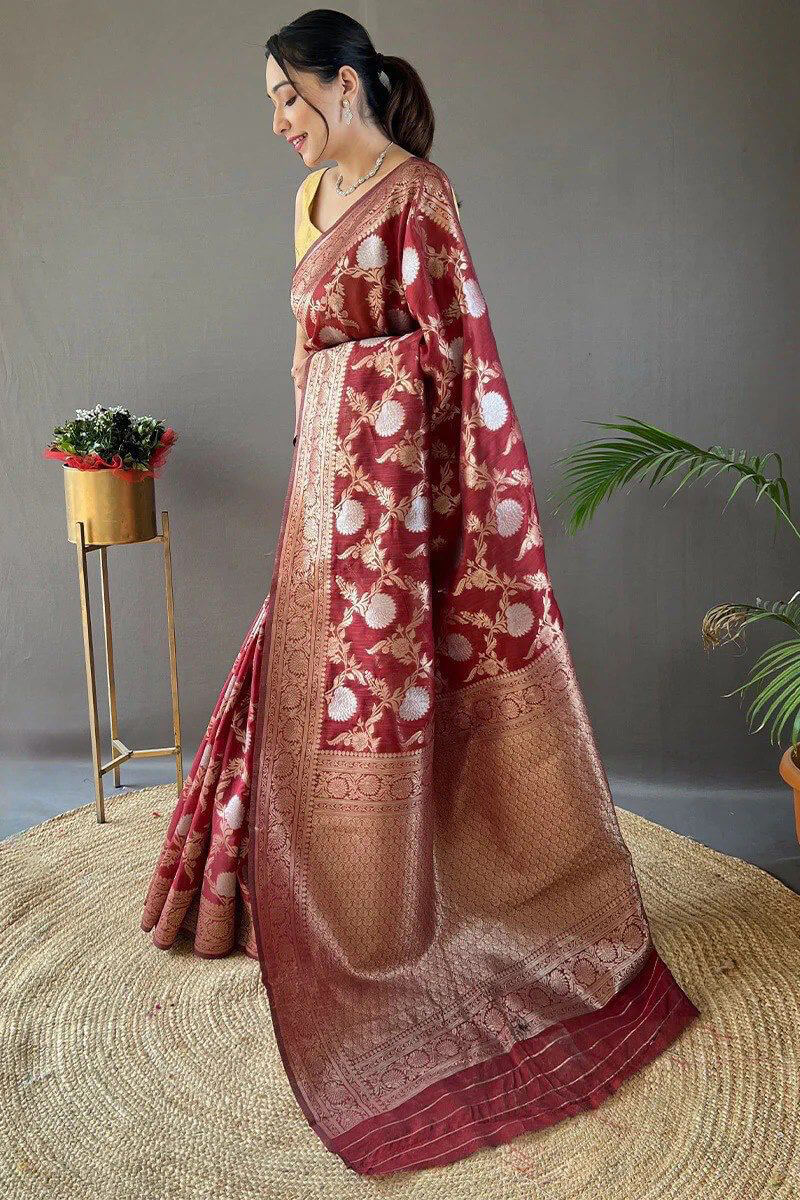 Smart Maroon Cotton Silk Saree With Engrossing Blouse Piece