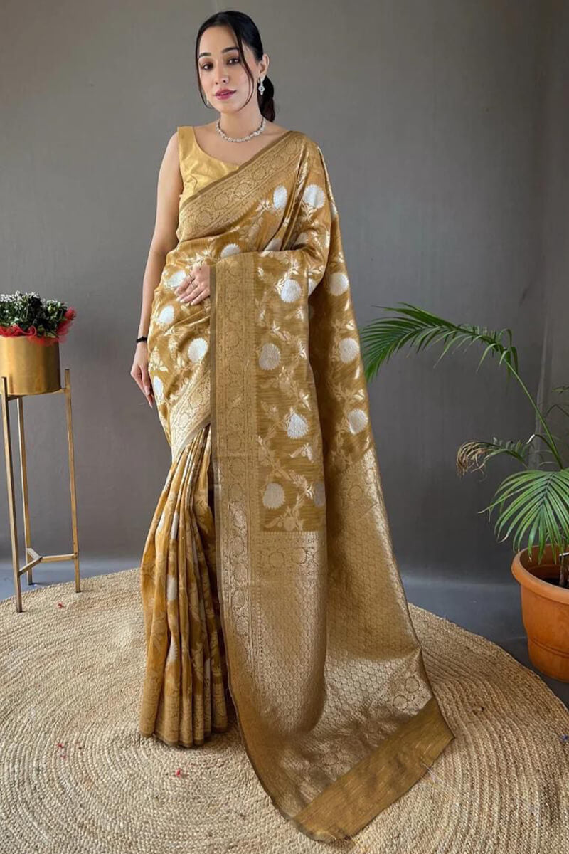 Demanding Mustard Cotton Silk Saree With Designer Blouse Piece